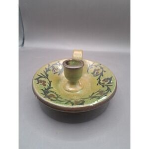 Art Pottery Candle Holder with Handle Made in Italy Hand Painted Green Vines